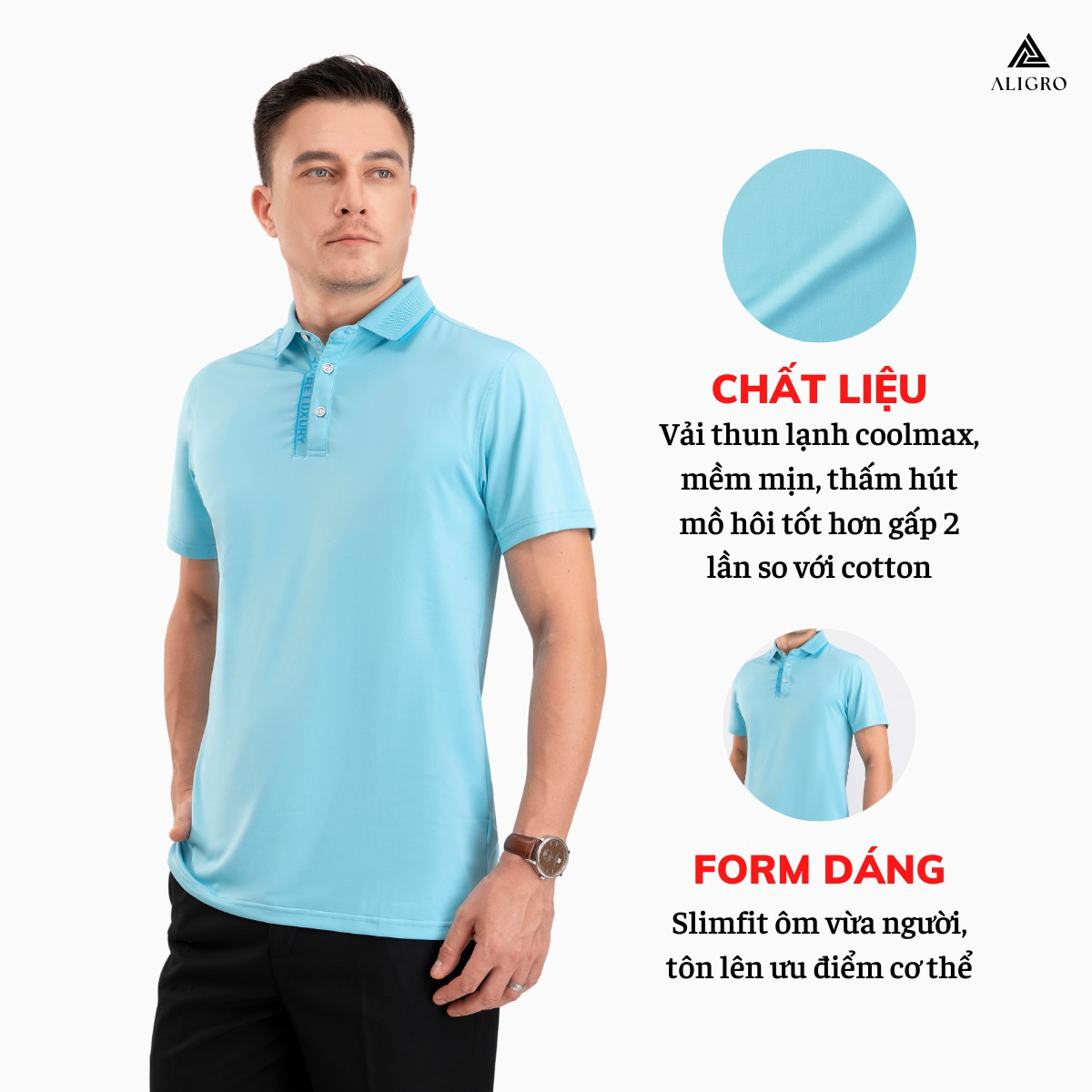 áo Polo Golf Nam Ngắn Tay Chất Vải Coolmax Màu Xanh Biển Năng động Algplo105 – Aligro