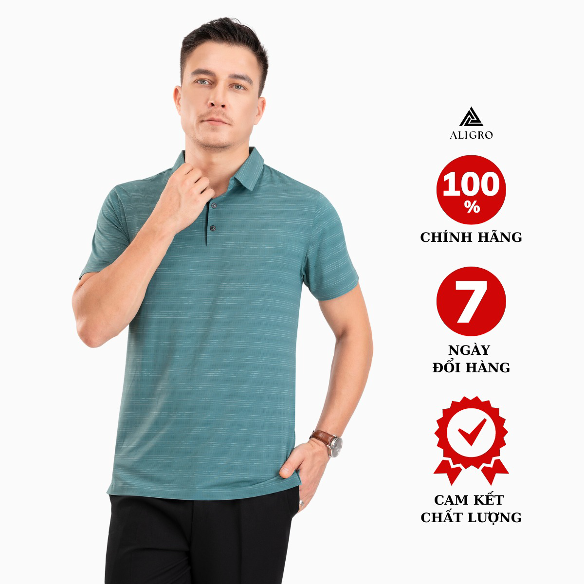 áo Polo Golf Nam Ngắn Tay Chất Vải Coolmax Kẻ Ngang Màu Xanh Rêu Năng động Algplo118- Aligro