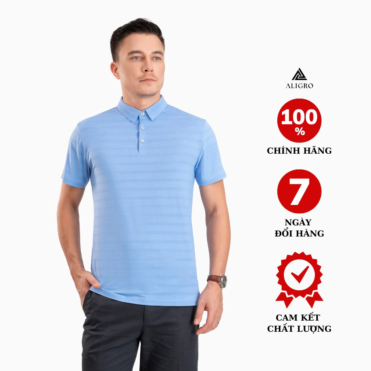 áo Polo Golf Nam Ngắn Tay Chất Vải Coolmax Kẻ Ngang Màu Xanh Blue Năng động Algplo117- Aligro