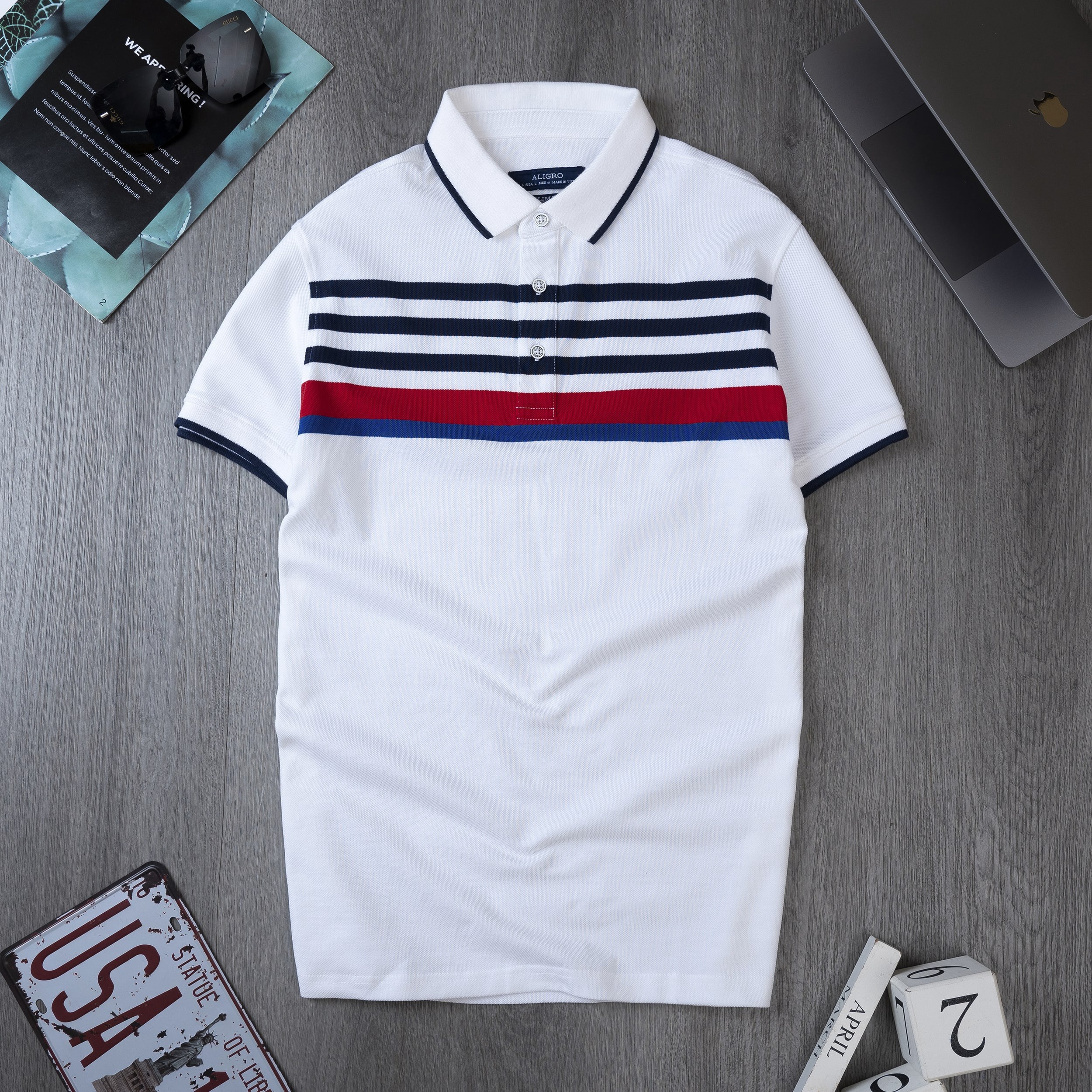 áo Polo Nam Ngắn Tay Trắng Kẻ Ngang Navy-đỏ-xanh Algplo126 – Aligro