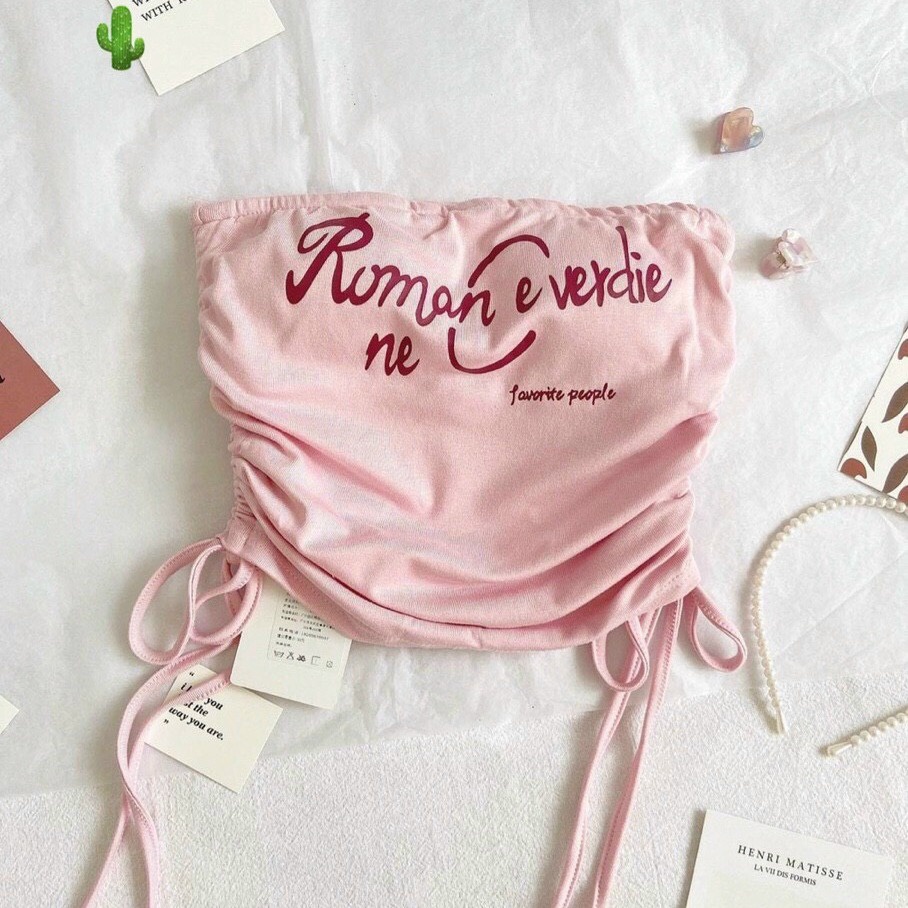áo Thun Nữ ống Dây Rút Hồng Có Mút Romance Never Die – Ausa House