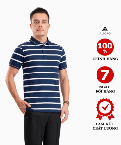 áo Polo Nam Ngắn Tay Kẻ Ngang Navy-trắng Algplo98- Aligro