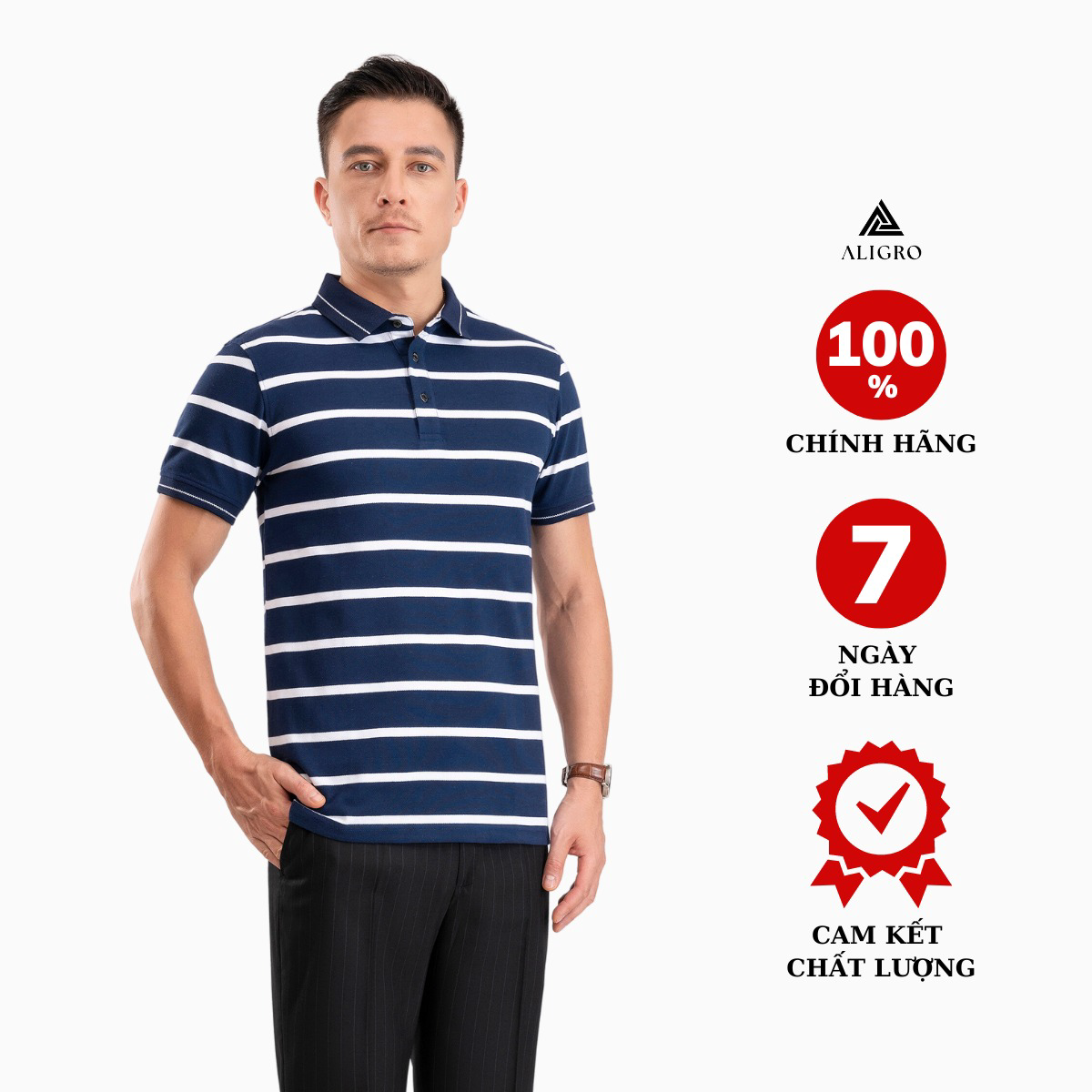 áo Polo Nam Ngắn Tay Kẻ Ngang Navy-trắng Algplo98- Aligro