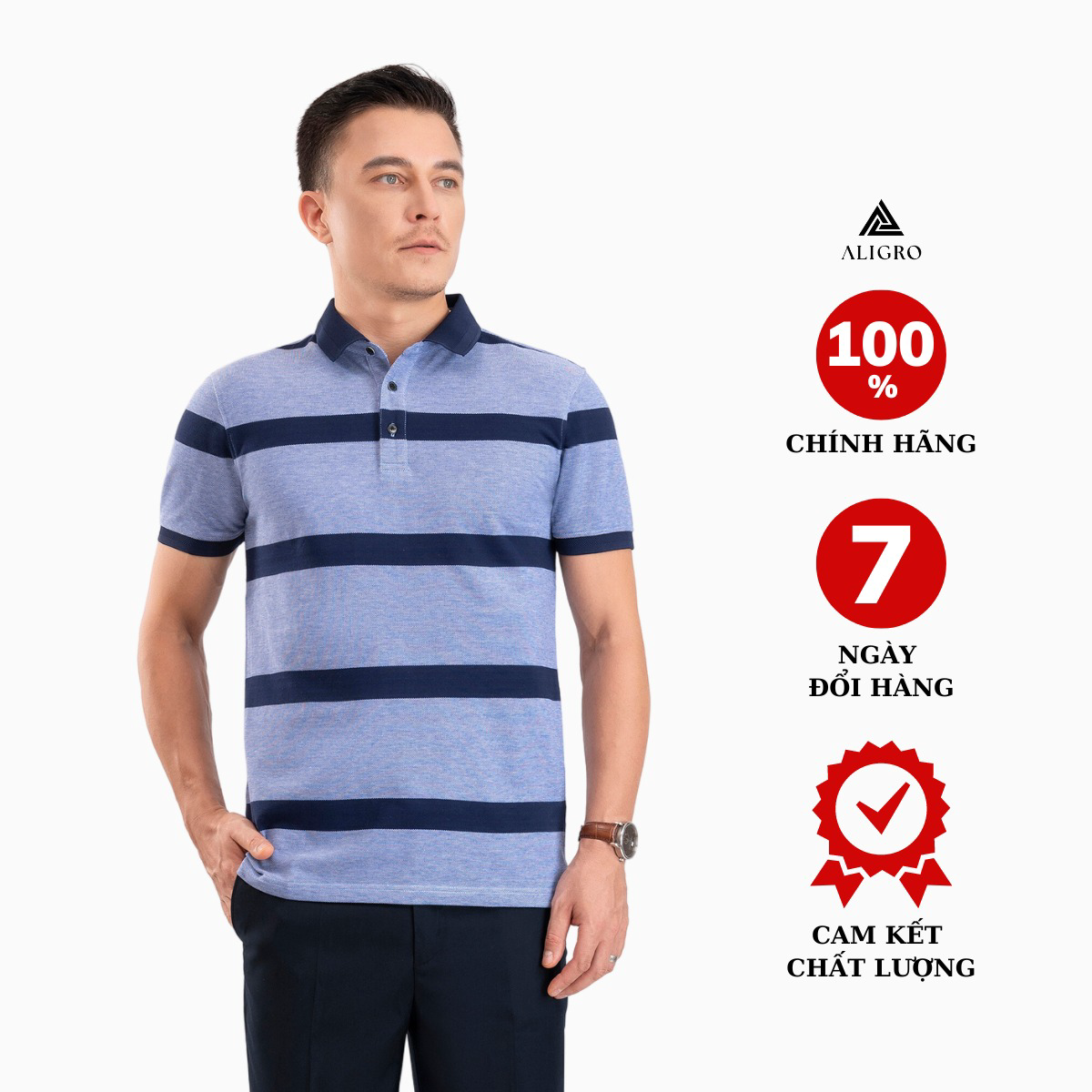 áo Polo Nam Ngắn Tay Kẻ Ngang Navy-xanh Algplo97 – Aligro