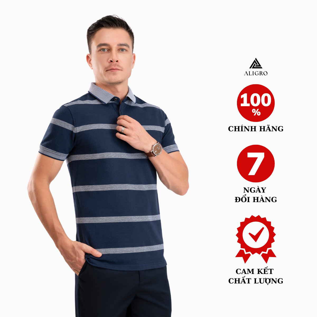 áo Polo Nam Ngắn Tay Kẻ Ngang Navy-trắng Algplo94 – Aligro