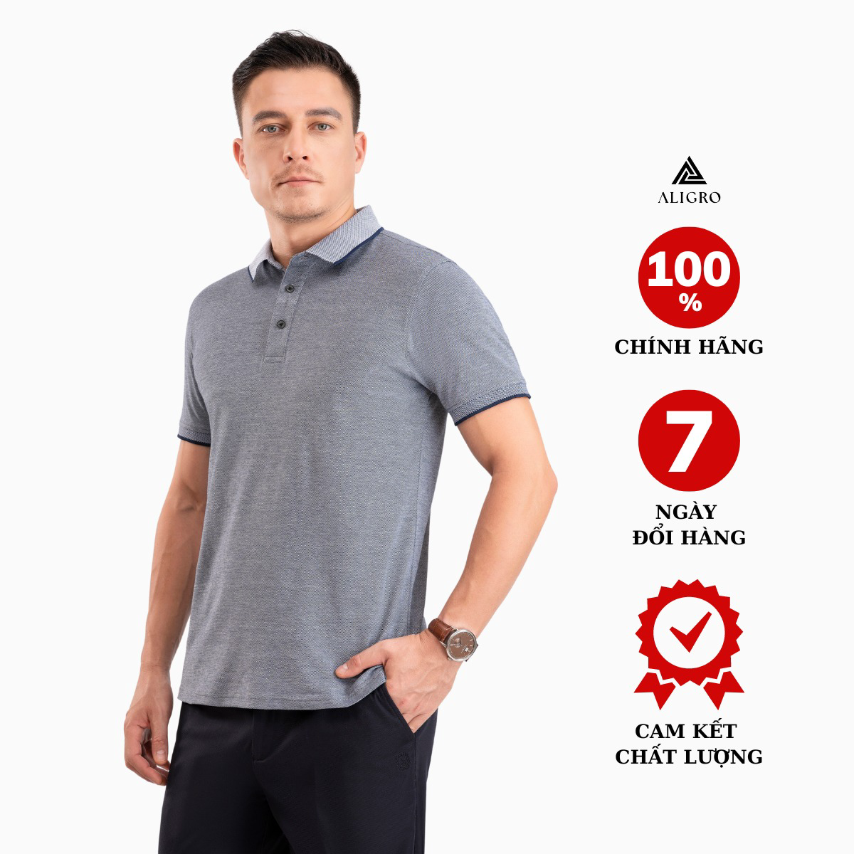 áo Polo Nam Ngắn Tay Phối 2 Màu Sợi Ghi-navy Algplo92 – Aligro