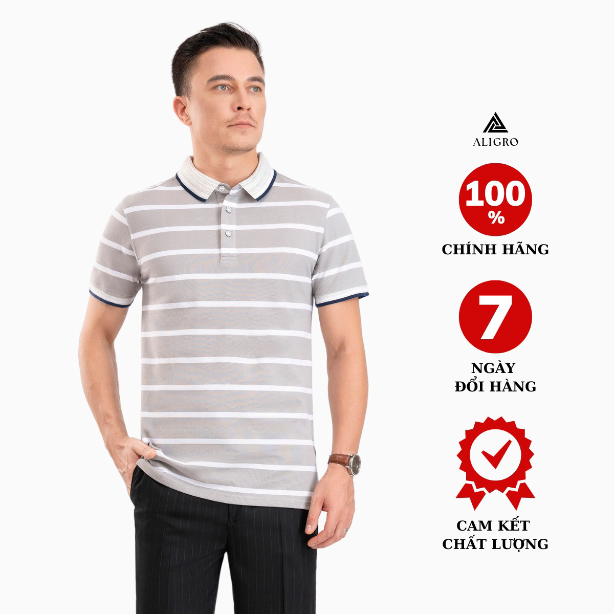 áo Polo Nam Ngắn Tay Kẻ Ngang Ghi-trắng Algplo89 – Aligro