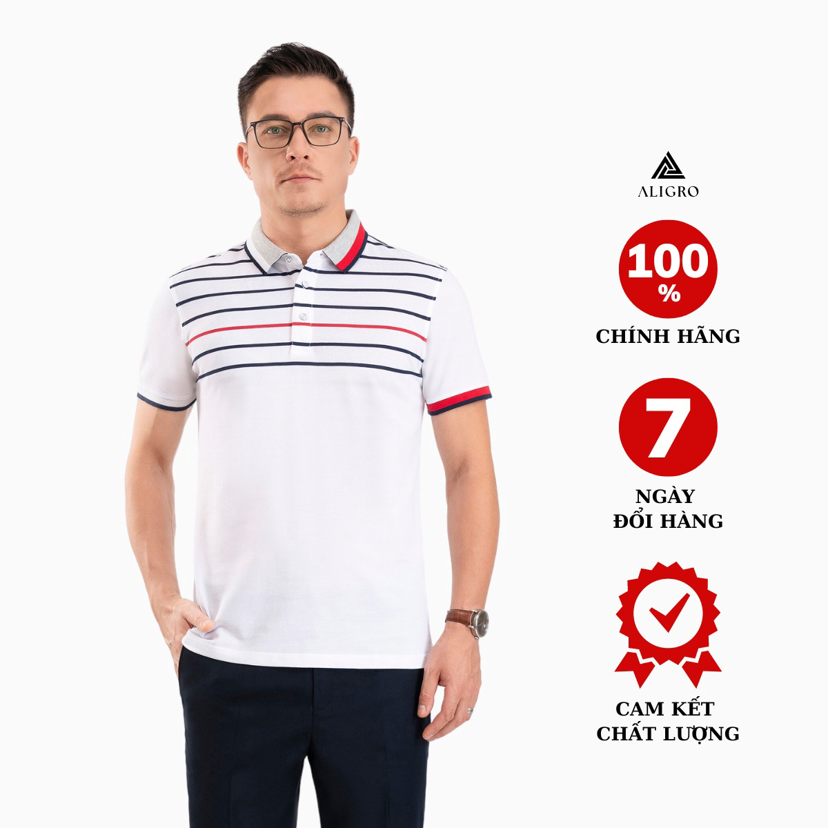 áo Polo Nam Ngắn Tay Kẻ Ngang Trắng-đen-đỏ Algplo87 – Aligro