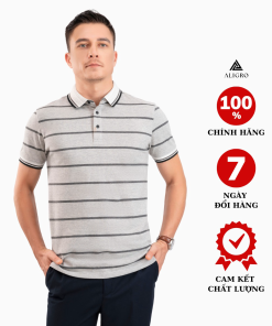 áo Polo Nam Ngắn Tay Kẻ Ngang Màu Ghi Algplo84 – Aligro