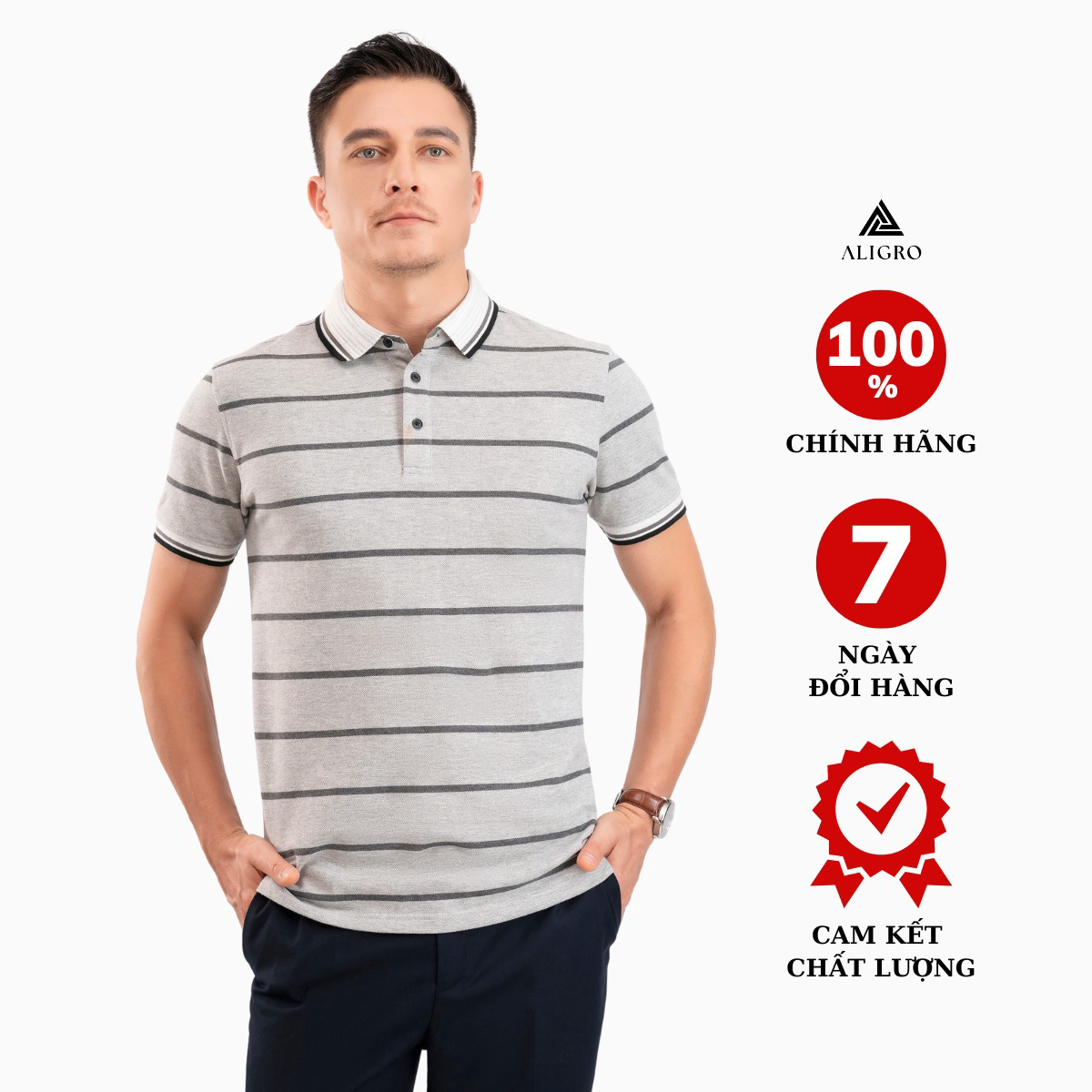 áo Polo Nam Ngắn Tay Kẻ Ngang Màu Ghi Algplo84 – Aligro