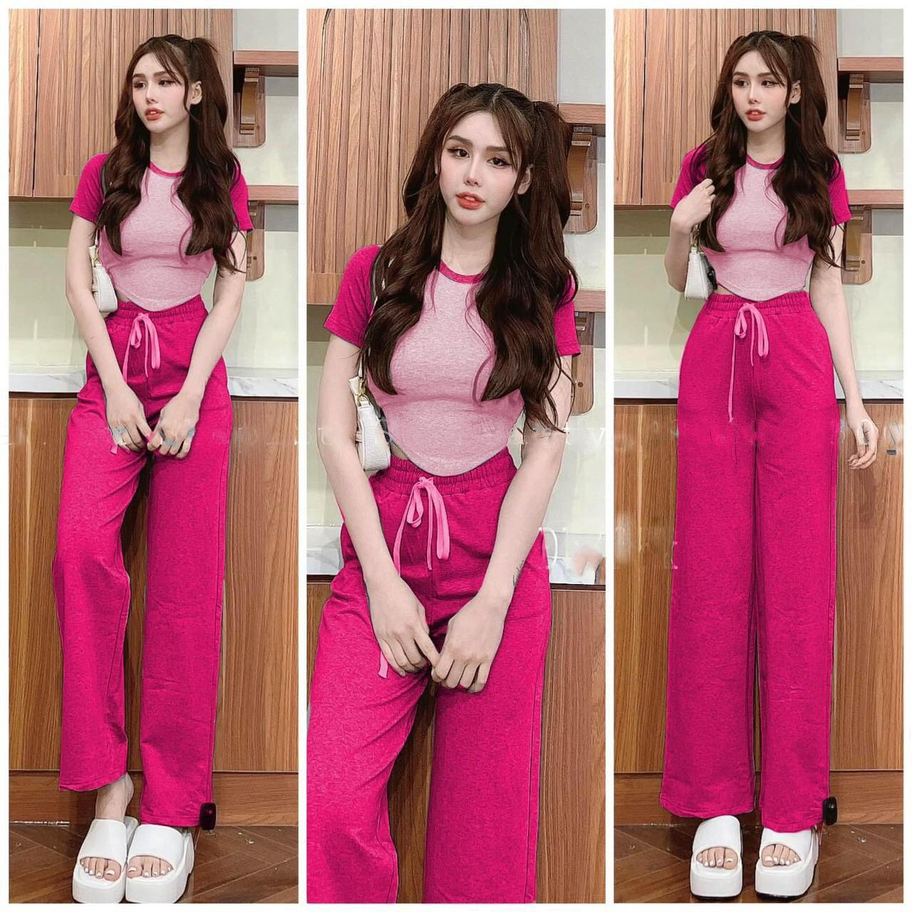 Sétbộ đồ Nữ áo Thun Gân Croptop Vạt Bầu – Quần ống Suông Sa153 – Sam Store