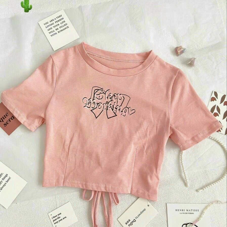 áo Thun Nữ Croptop Cổ Tròn Tay Ngắn Dây Cột Rút Eo Sleep Morking – Ausa House