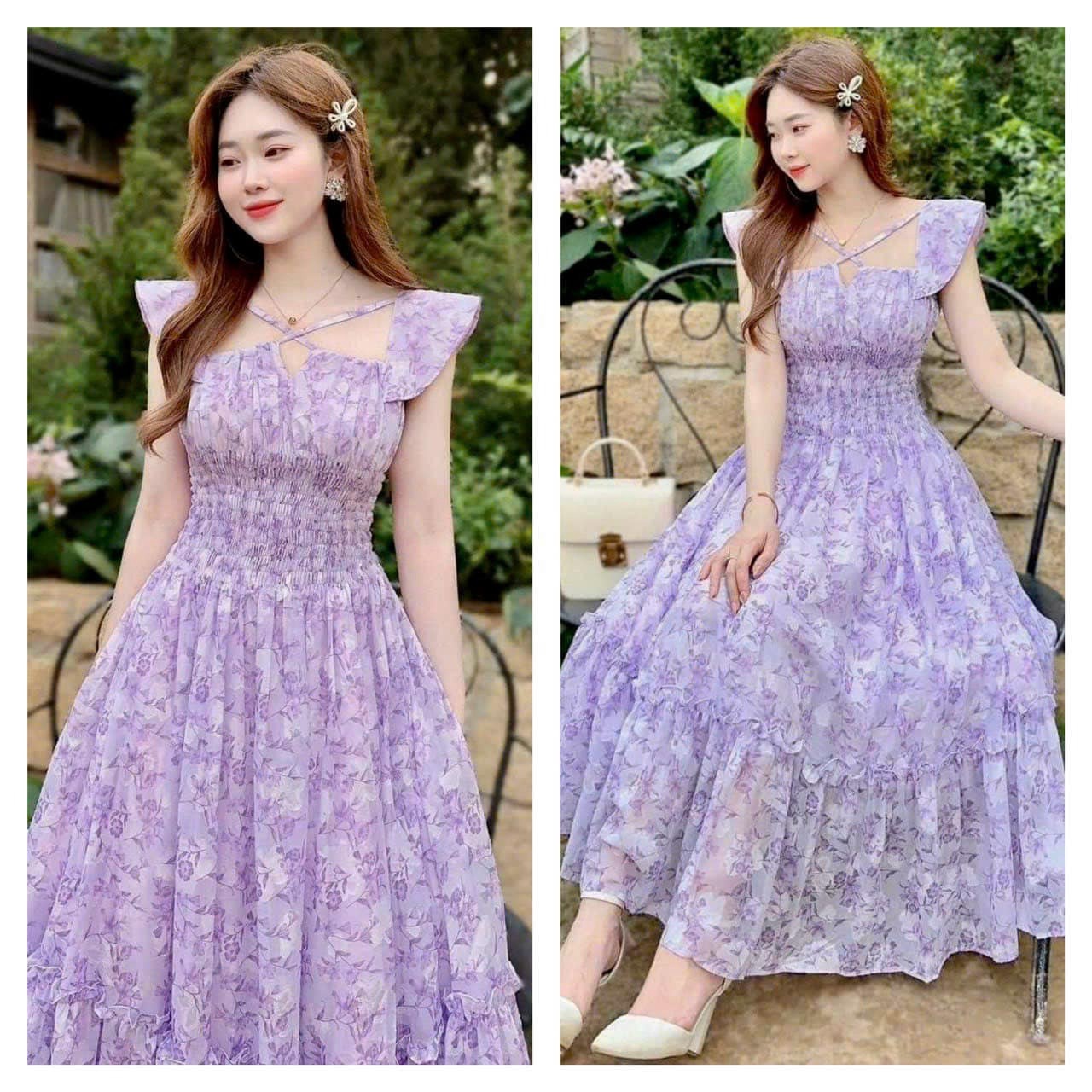 đầm Váy Nữ Voan Hoa Xòe Mocking Eo Hoa Tím Dd021 – Nana House