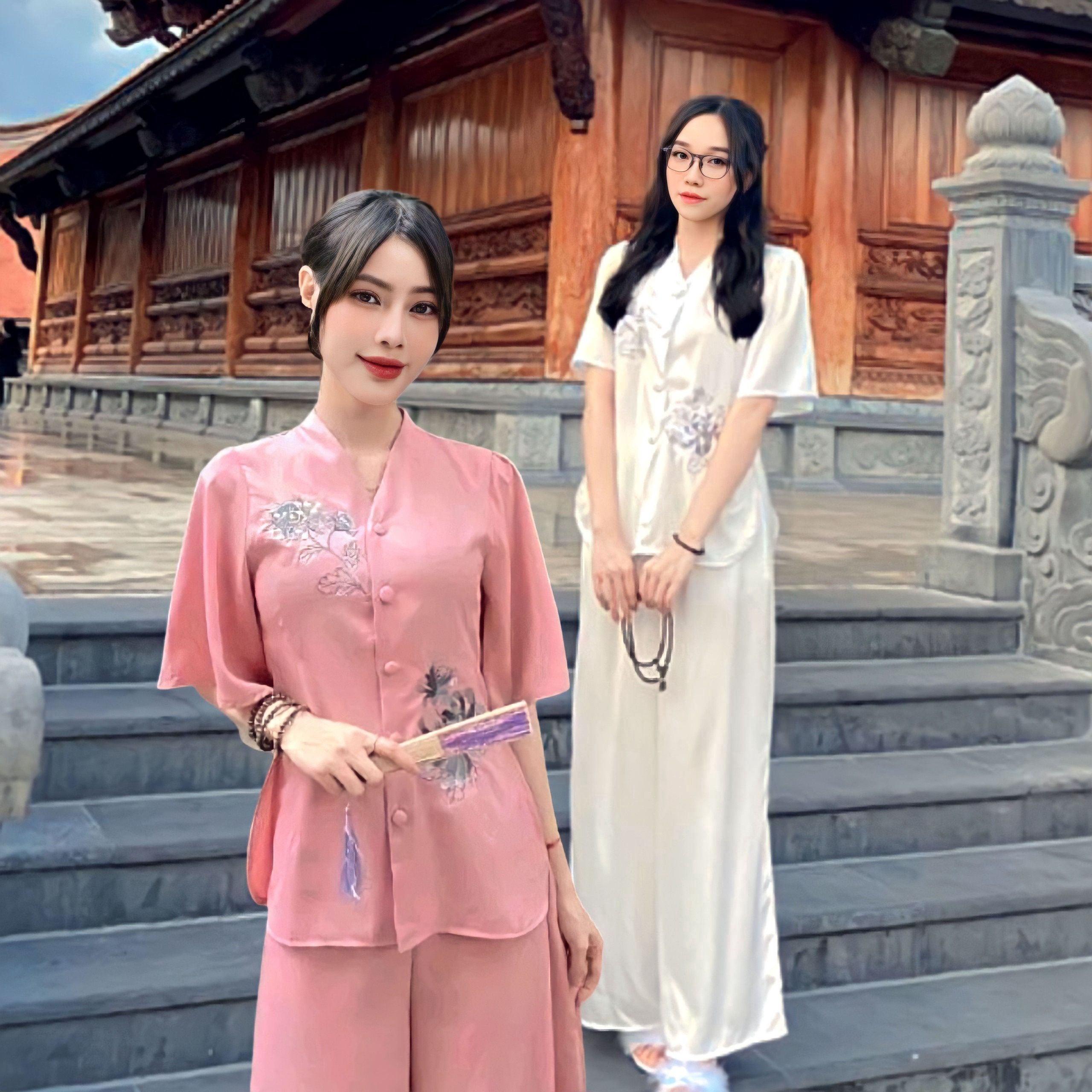 Bộ đồ Lam Nữ Vải Lụa Thêu Hoa Mẫu đơn – Hana Global