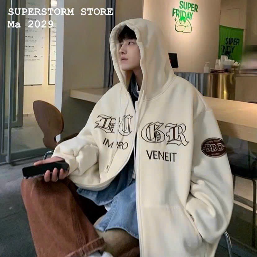 áo Khoác Hoodie Zip Thêu Chữ Veneit Chữ Thập Form Cực Rộng Unisex Nam Nữ Phối Nón 2 Lớp Siêu ấm