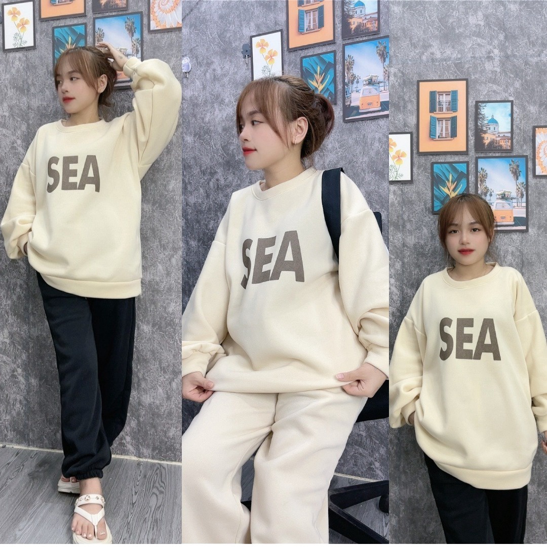 Bộ Nữ Nỉ Unisex Form Rộng Sweater Sea + Quần Nỉ