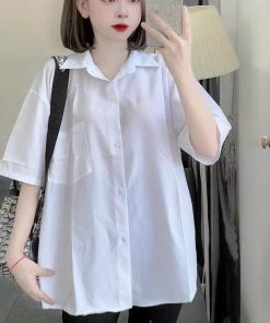 áo Sơ Mi Trơn Nữ đi Học Kiểu Dáng Lỡ Tay Chất Liệu Vải Mặc Mát Mẻ Phối Dáng Tinh Tế Form Rộng Bao đẹp Hàng Hot Trend-htm Fashion