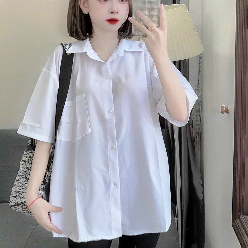 áo Sơ Mi Trơn Nữ đi Học Kiểu Dáng Lỡ Tay Chất Liệu Vải Mặc Mát Mẻ Phối Dáng Tinh Tế Form Rộng Bao đẹp Hàng Hot Trend-htm Fashion