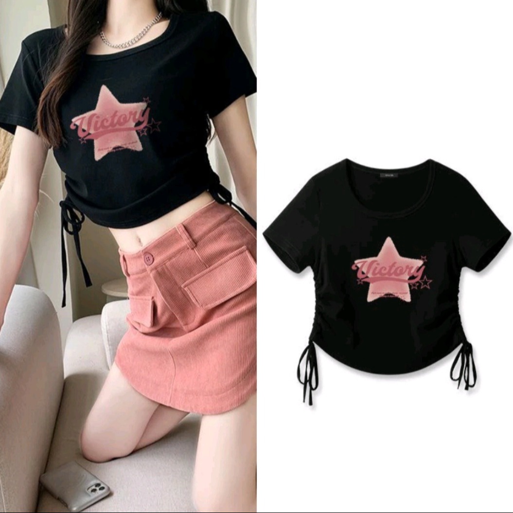 áo Thun Baby Tee Nữ,áo Croptop Rút Dây 2 Bên Sườn Hình Ngôi Sao -hana Mart