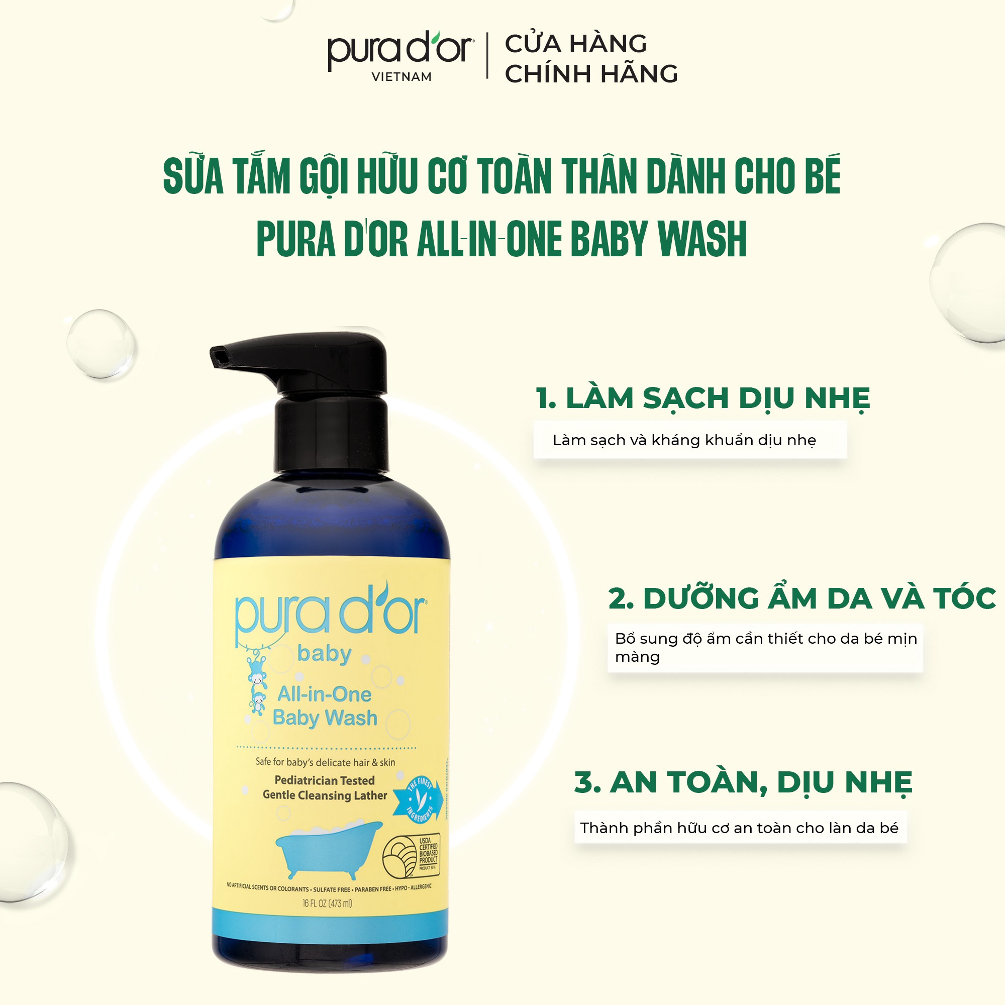 [pura D’or] Sữa Tắm Gội Dịu Nhẹ Cao Cấp đa Năng Dành Cho Bé – Pura D’or All-in-one Baby Wash 473ml