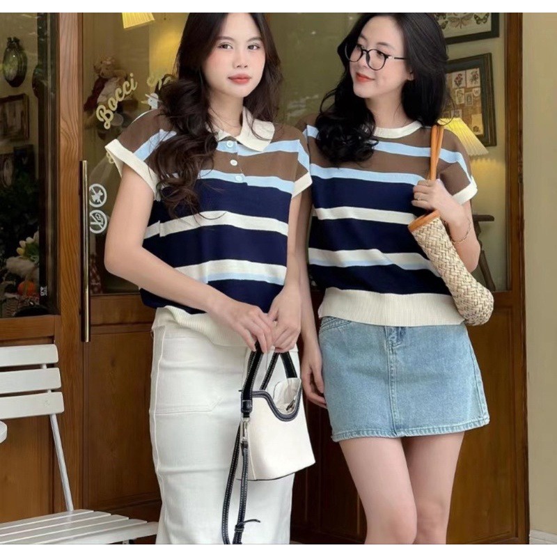 áo Len Mongtoghi Tay Hến Cổ Bẻ Họa Tiết Kẻ Phối Màu – Chipxinhxk