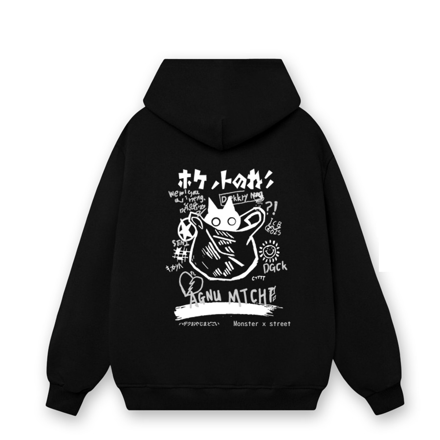 Hoodie Mèo Túi Nỉ Bông Cotton Form Rộng Mũ To 2 Lớp – Monster X Street