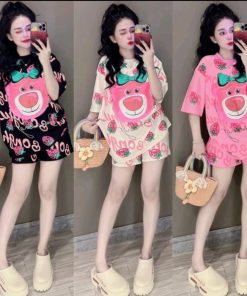 Sét Bộ đùi Nữ Tay Lỡ Form Rộng Chất Cotton Su In Gấu đeo Nơ Ht03