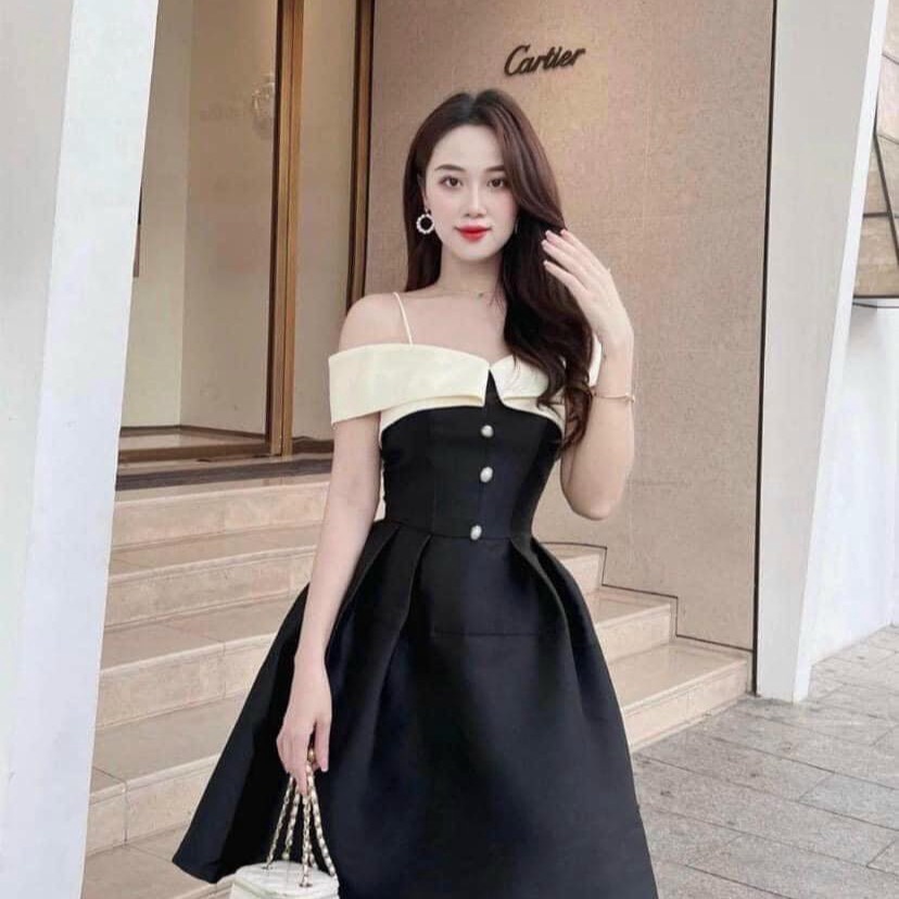đầm Váy Nữ Tafta Rớt Vai đen Phối Trắng Sa654 – Sam Store