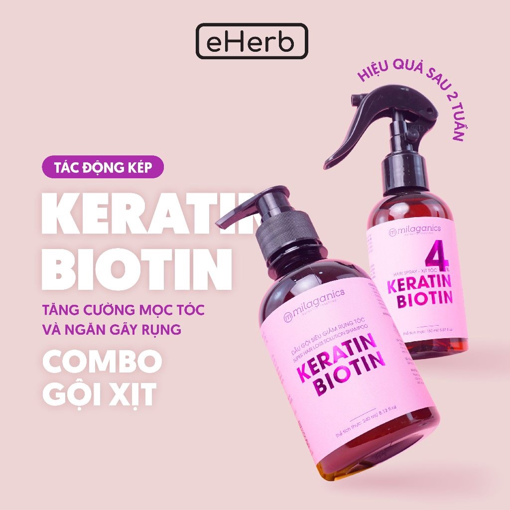 Combo Siêu Mọc Tóc Dầu Gội 240ml & Xịt Mọc Tóc 150ml Biotin & Keratin 4% Siêu Tăng Cường Mọc Tóc, Ngừa Rụng – Milaganics