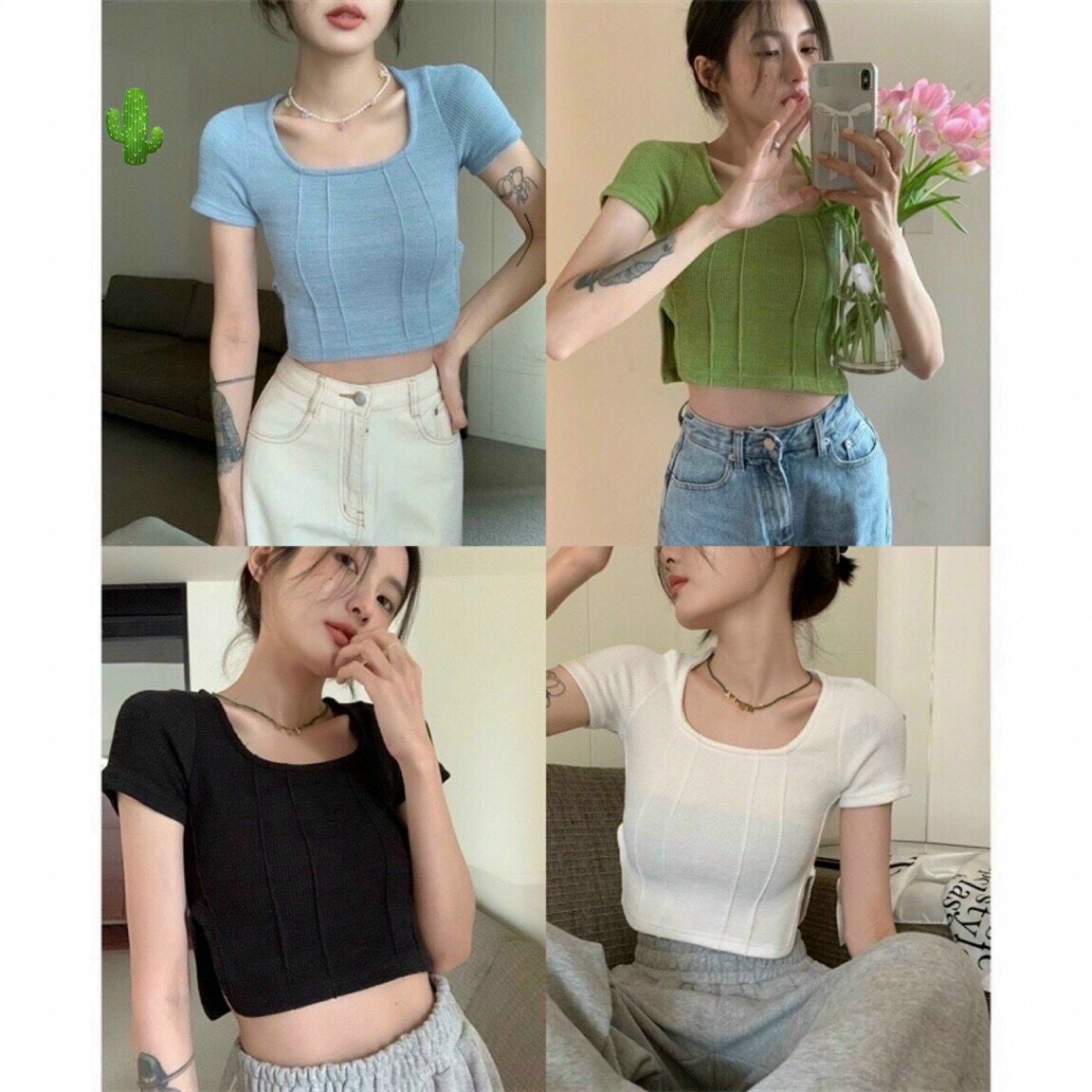 áo Thun Nữ Croptop Cổ Tròn Tay Ngắn Viền Xẻ Tà – Ausa House