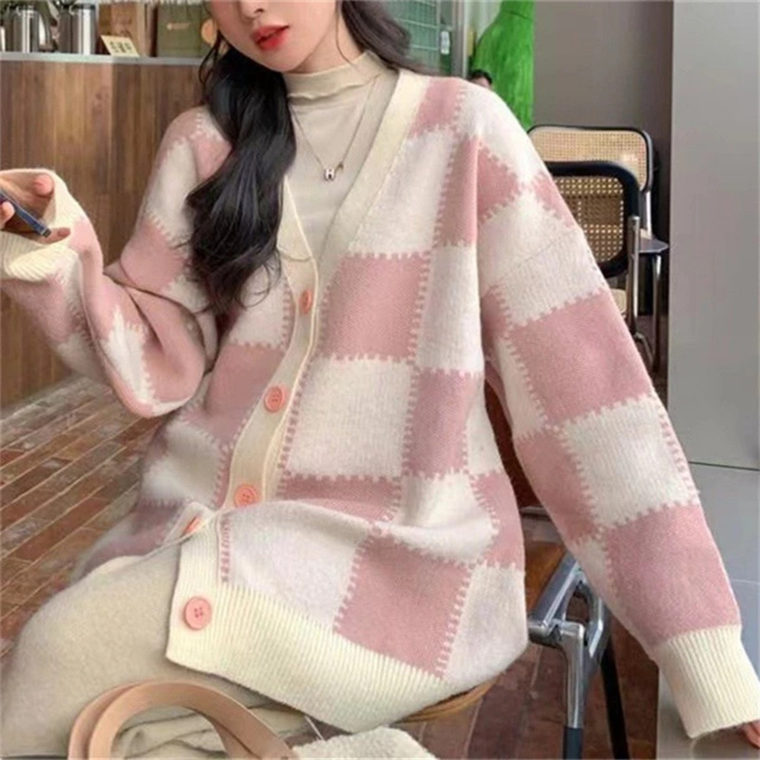 áo Khoác Cardigan Nữ Caro Hồng Chất Nỉ