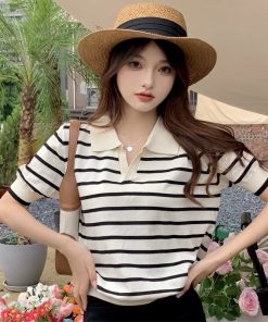 áo Len Cổ Bẻ Ngắn Tay Họa Tiết Kẻ Nhỏ 3 Màu Cực Xinh Dành Cho Bạn Nữ Slcxa33 – Chipxinhxk