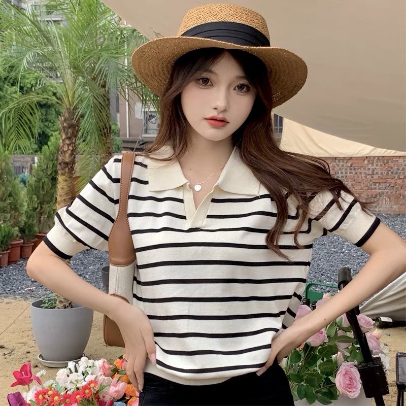 áo Len Cổ Bẻ Ngắn Tay Họa Tiết Kẻ Nhỏ 3 Màu Cực Xinh Dành Cho Bạn Nữ Slcxa33 – Chipxinhxk