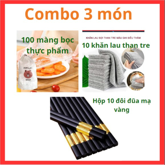 Combo 3 Sp: Set 100 Màng Bọc Thực Phẩm + 10 đôi đũa Mạ Vàng + Set 10 Khăn Lau đa Năng Ctb486 – Bechip