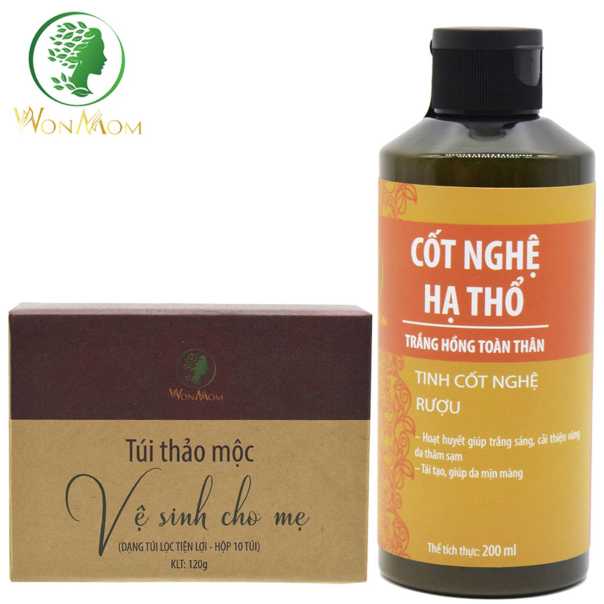 Combo Chăm Sóc, Khử Mùi Vùng Kín Và Dưỡng Trắng Da Body Wonmom (thảo Mộc Xông Vùng Kín+cốt Nghệ Hạ Thổ)