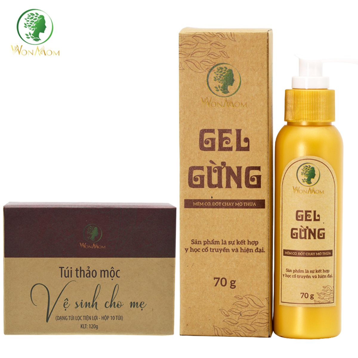 Combo Hồi Xuân Cho Mẹ Wonmon (gel Gừng Giảm Eo + Thảo Mộc Xông Vùng Kín)