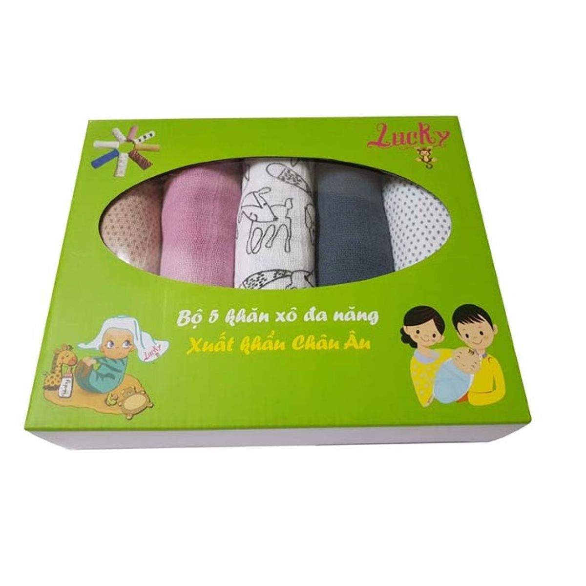 [thùng] Khăn Xô đa Năng Xuất Khẩu Châu âu (bộ 5 Khăn) – Lucky – 30 Bộ/thùng