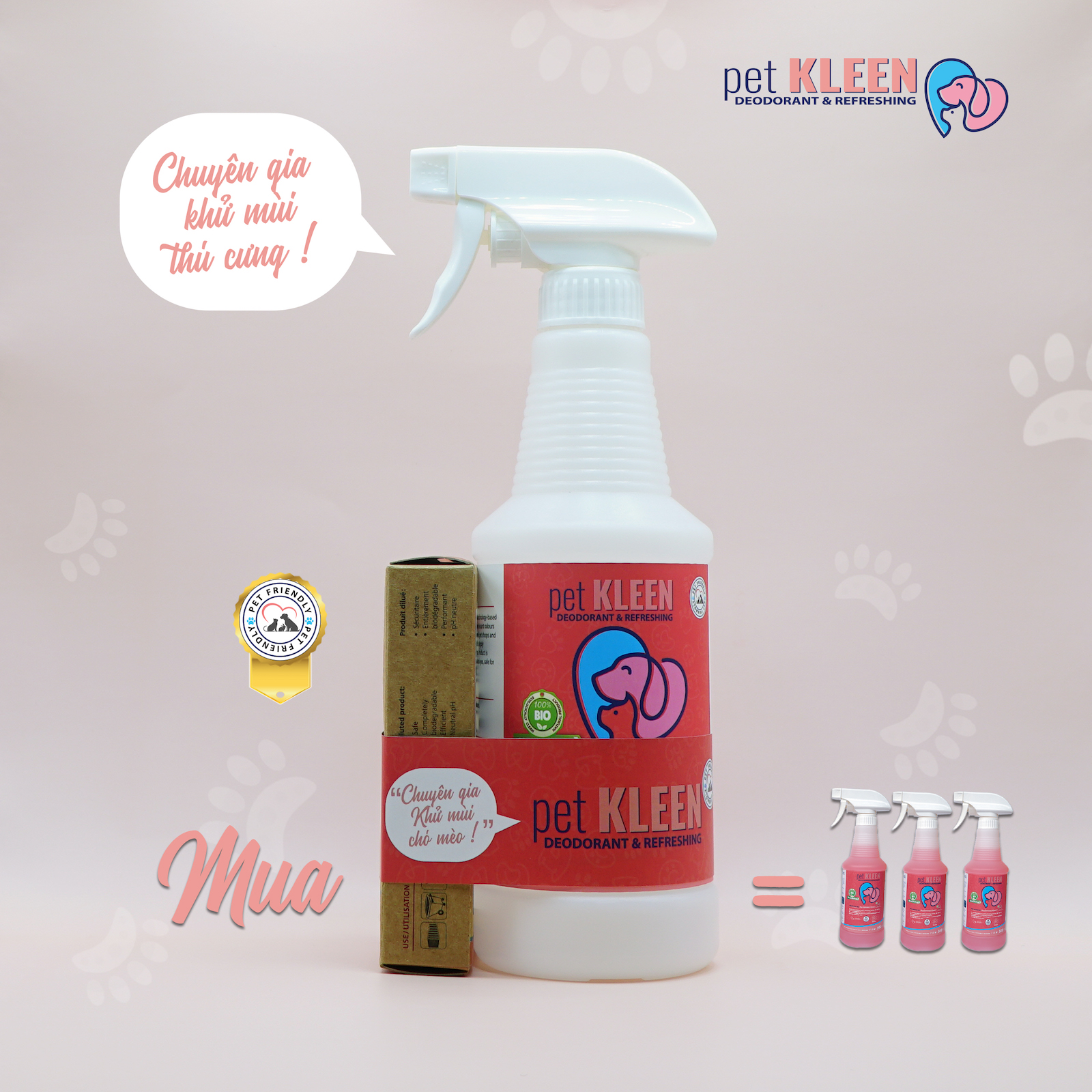 Bộ vi sinh khử mùi thú cưng Pet Kleen (1 chai 500ml + 3 ống 5ml)