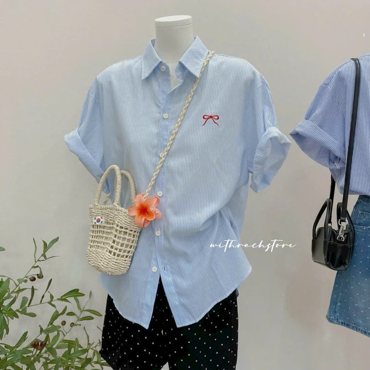 áo Sơ Mi Nữ Form Rộng Phối Nơ đỏ Thêu Xinh Xắn Tp78 Golden Dream
