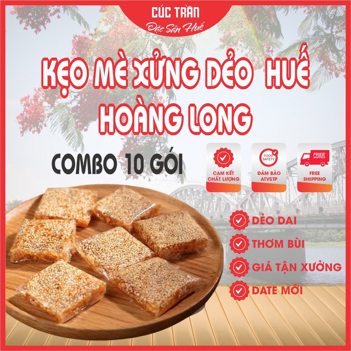 Combo 10 Gói ( Gần 2 Kg ) Kẹo Mè Xửng Dẻo Huế Hiệu Hoàng Long: Dẻo, Dai, Thơm, Bùi Béo ăn Là Ghiền – Ctb835