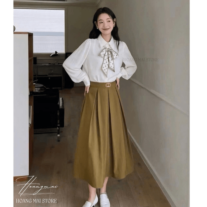 áo Phi Lụa Cổ Nơ Chấm Bi- Hoàng Mai Fashion