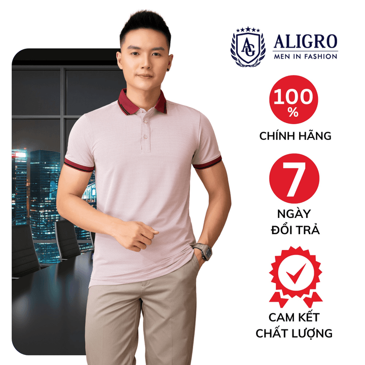 áo Polo Nam Ngắn Tay Aligro Chất Liệu Cotton Cao Cấp Hoạ Tiết Kiểu Dệt Chữ V Màu đỏ đô Phối Dọc Ve Chai Algplo77.1