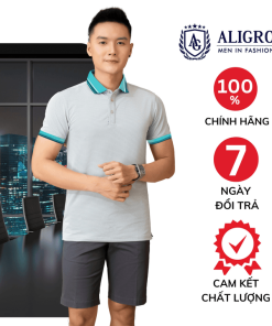 áo Polo Nam Ngắn Tay Aligro Chất Liệu Cotton Cao Cấp Hoạ Tiết Kiểu Dệt Chữ V Màu Xanh Cổ Vịt Lé Trắng đen Algplo79.1