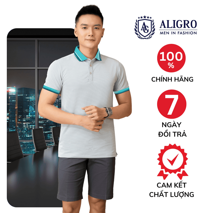 áo Polo Nam Ngắn Tay Aligro Chất Liệu Cotton Cao Cấp Hoạ Tiết Kiểu Dệt Chữ V Màu Xanh Cổ Vịt Lé Trắng đen Algplo79.1