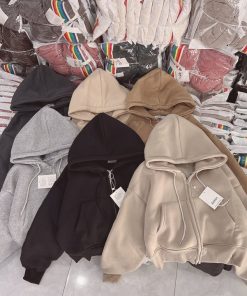 áo Khoác Trơn Nỉ Nữ Croptop Nữ Có Nón Thiết Kế Khóa Kéo – Htm Fashion