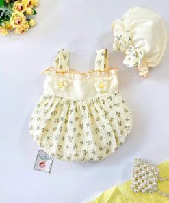 Set Body 2 Dây Họa Tiết Hoa Màu Kem Kèm Nón Cho Bé Gái Sơ Sinh đến 2 Tuổi