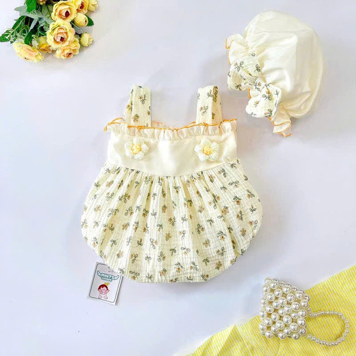 Set Body 2 Dây Họa Tiết Hoa Màu Kem Kèm Nón Cho Bé Gái Sơ Sinh đến 2 Tuổi