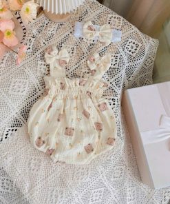 Set Body 2 Dây Họa Tiết Gấu Kèm Băng đô Cho Bé Gái Sơ Sinh 1 2 Tuổi