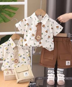 Set áo Sơ Mi Họa Tiết Gấu Cà Vạt Quần đùi Kaki Cho Bé Trai 1-5 Tuổi