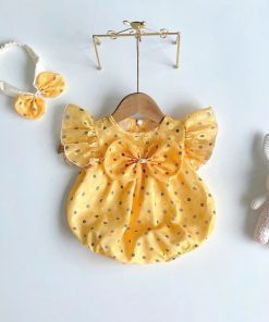 Set Body Chấm Bi đính Nơ Màu Vàng Cho Bé Gái Sơ Sinh 1 2 Tuổi